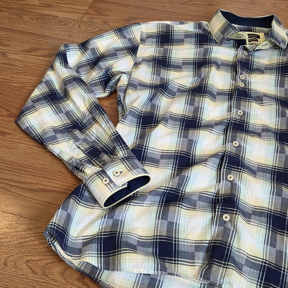 Maceoo Long Sleeve Button Down Shirt Mens L Yellow Italian Plaid Geometric Print - Picture 2 of 14
